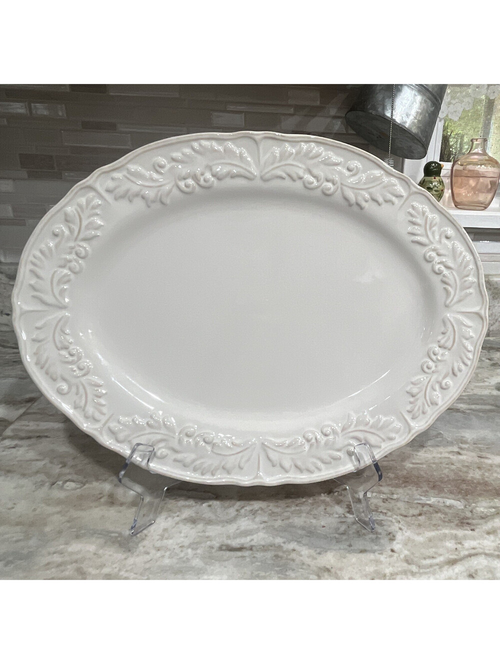 JCPenney Home Large White Oval Ceramic Platter Floral, Microwave/Dishwasher Safe